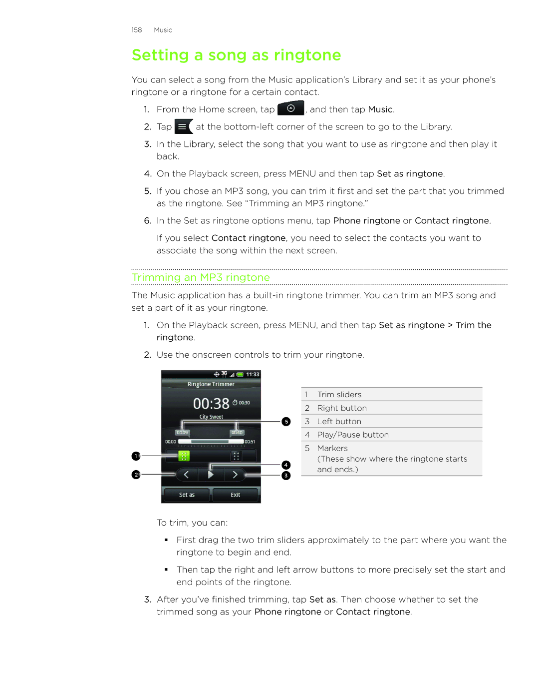 HTC Wildfire manual Setting a song as ringtone, Trimming an MP3 ringtone 