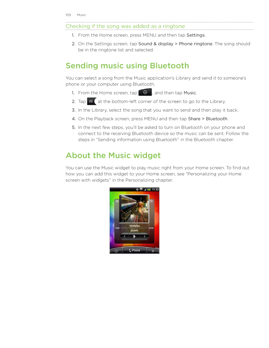 HTC Wildfire manual Sending music using Bluetooth, About the Music widget, Checking if the song was added as a ringtone 