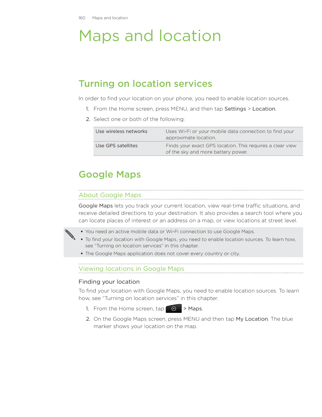 HTC Wildfire Maps and location, Turning on location services, About Google Maps, Viewing locations in Google Maps 