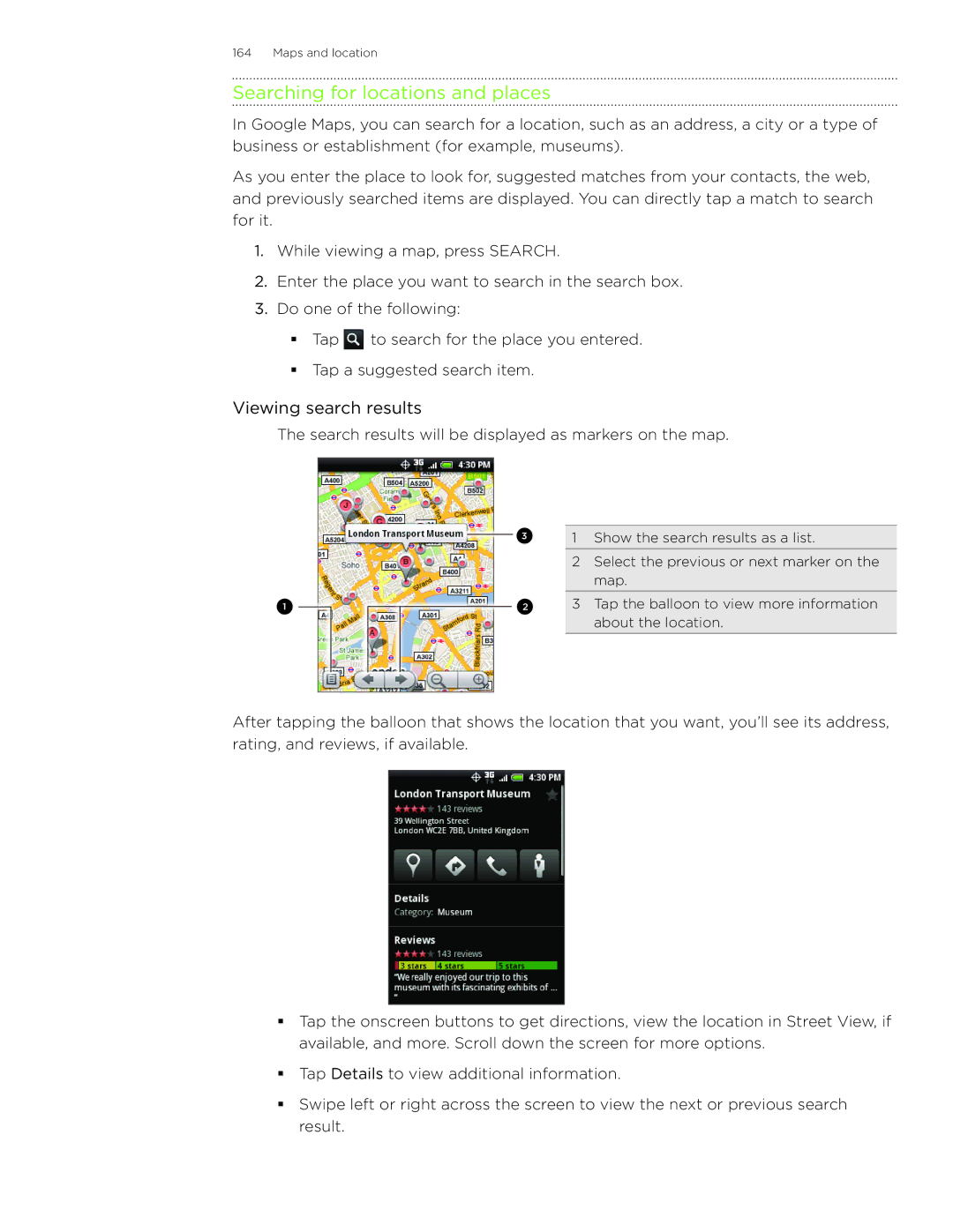 HTC Wildfire manual Searching for locations and places, Viewing search results 