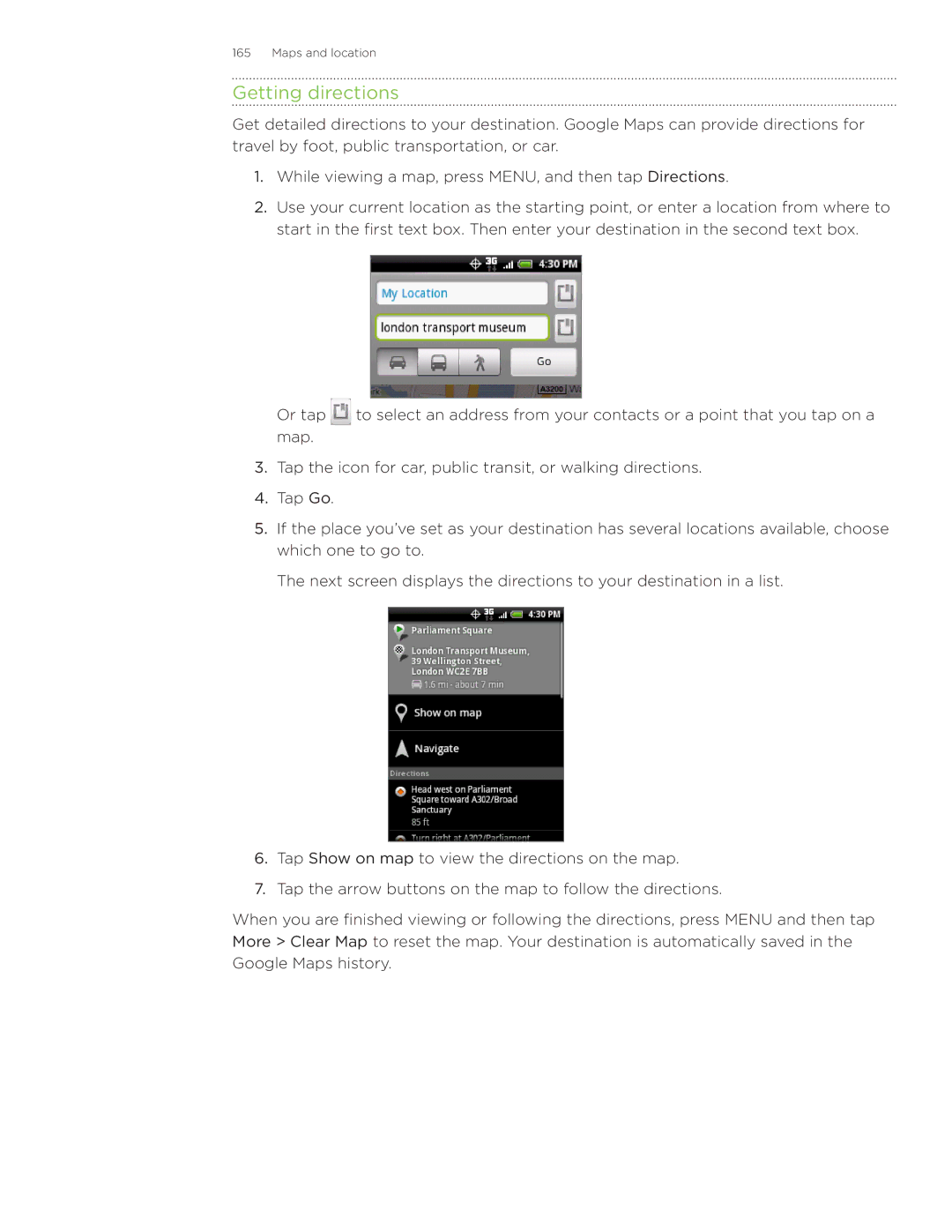 HTC Wildfire manual Getting directions 