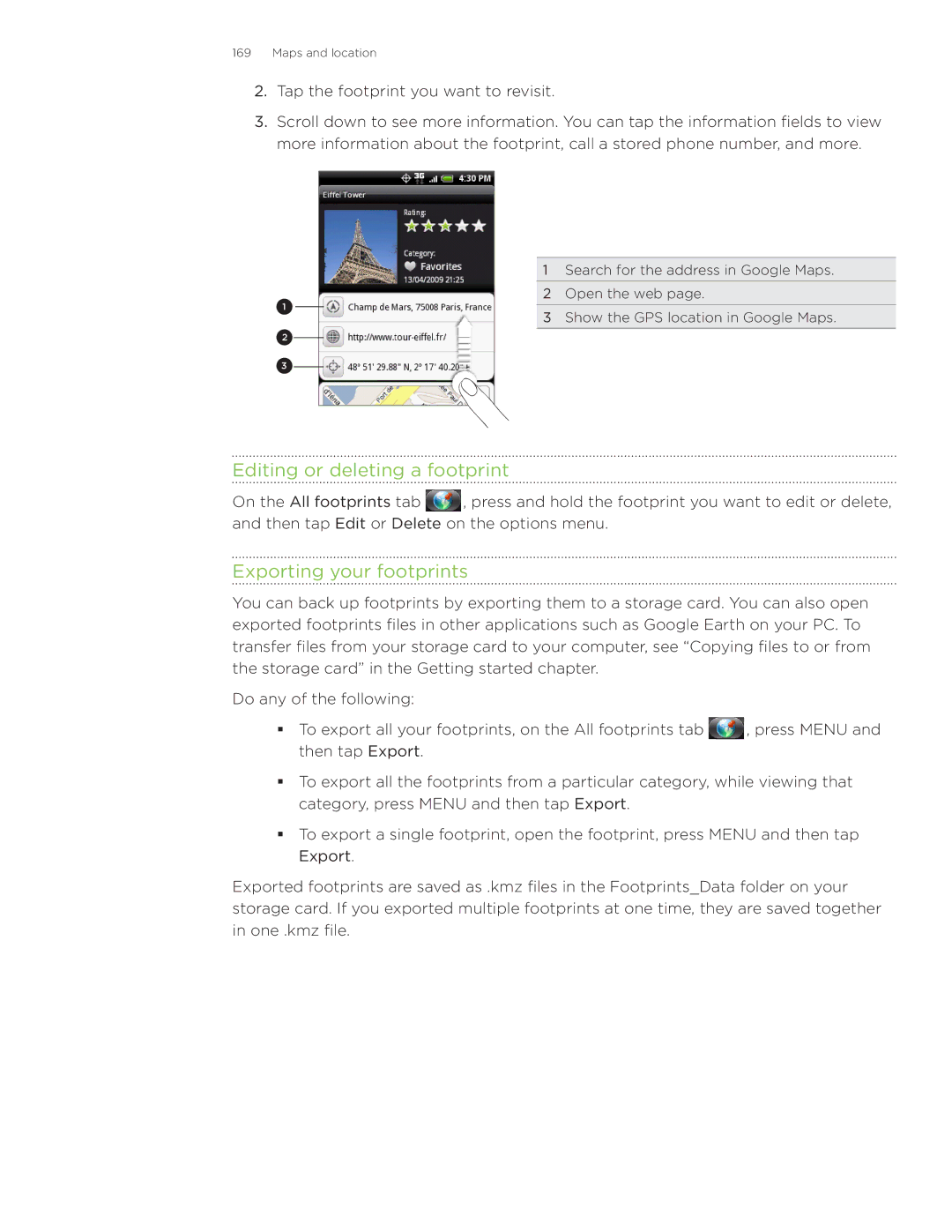 HTC Wildfire manual Editing or deleting a footprint, Exporting your footprints 