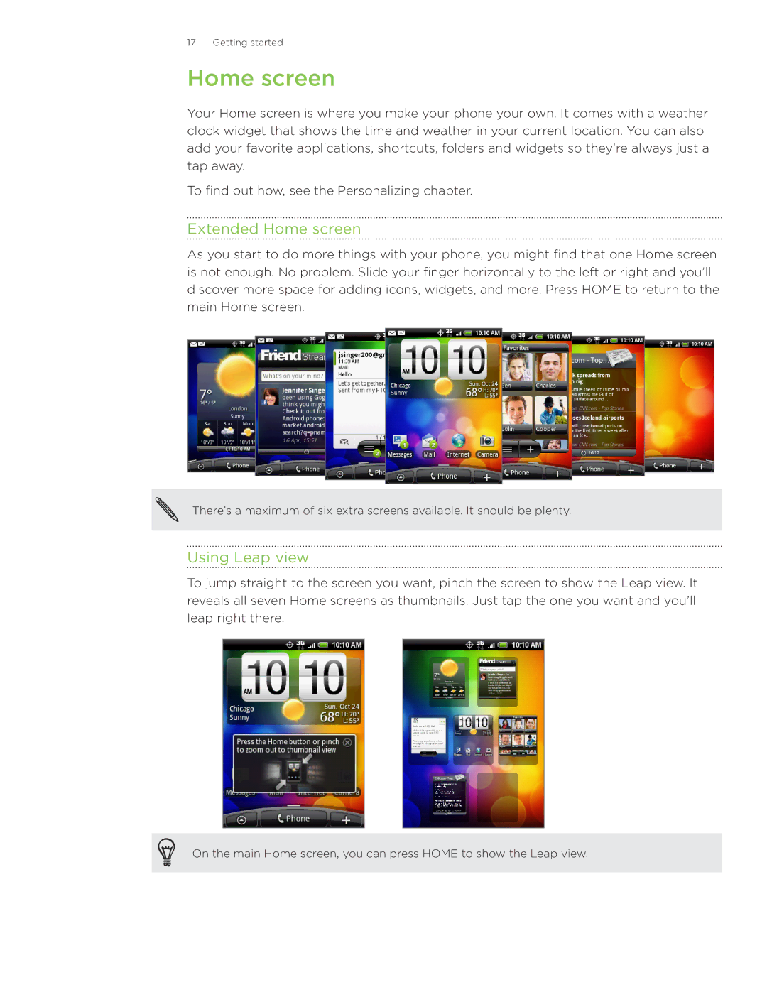 HTC Wildfire manual Extended Home screen, Using Leap view 