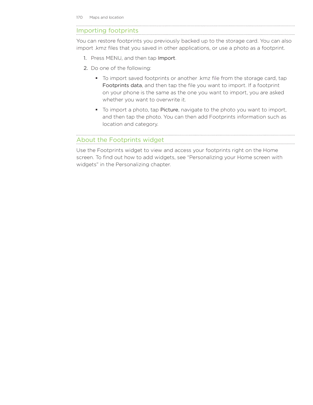 HTC Wildfire manual Importing footprints, About the Footprints widget 