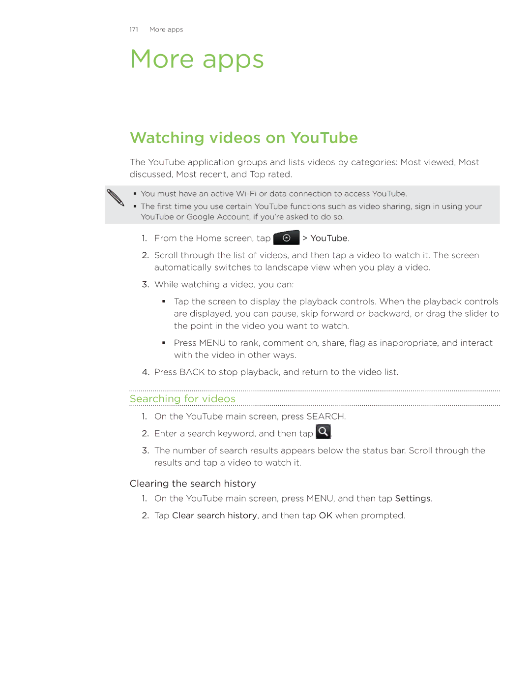 HTC Wildfire manual More apps, Watching videos on YouTube, Searching for videos, Clearing the search history 