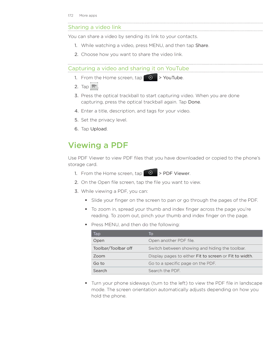 HTC Wildfire manual Sharing a video link, Capturing a video and sharing it on YouTube 