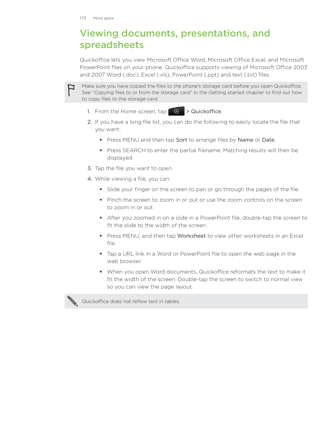 HTC Wildfire manual Viewing documents, presentations, and spreadsheets 