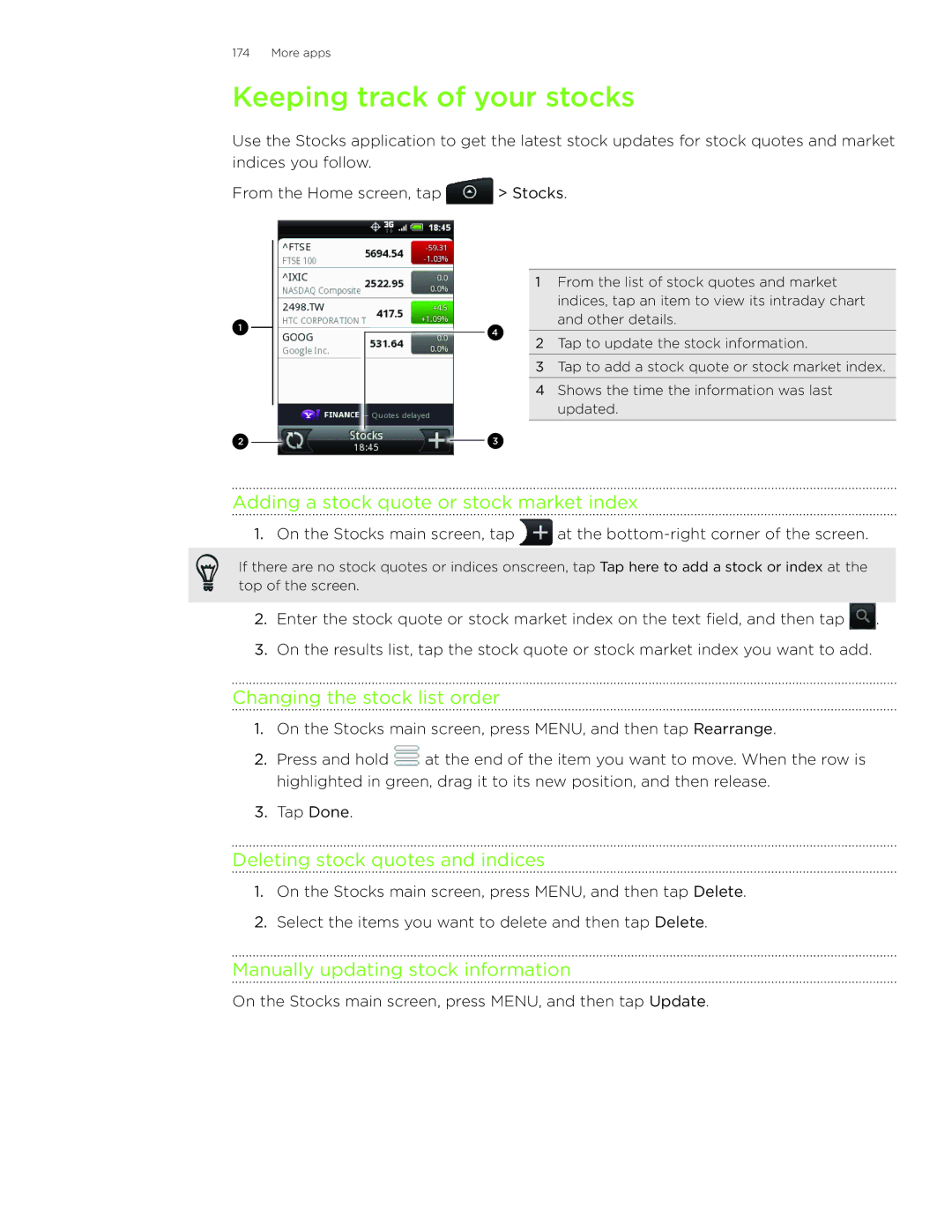 HTC Wildfire manual Keeping track of your stocks, Adding a stock quote or stock market index, Changing the stock list order 