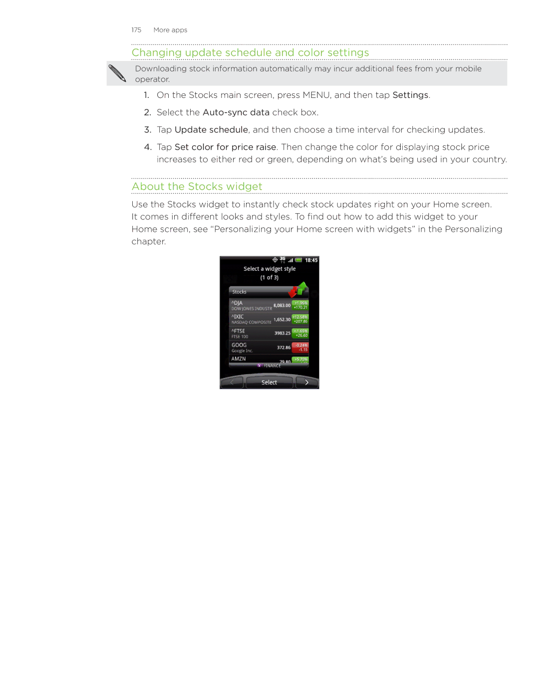 HTC Wildfire manual Changing update schedule and color settings, About the Stocks widget 