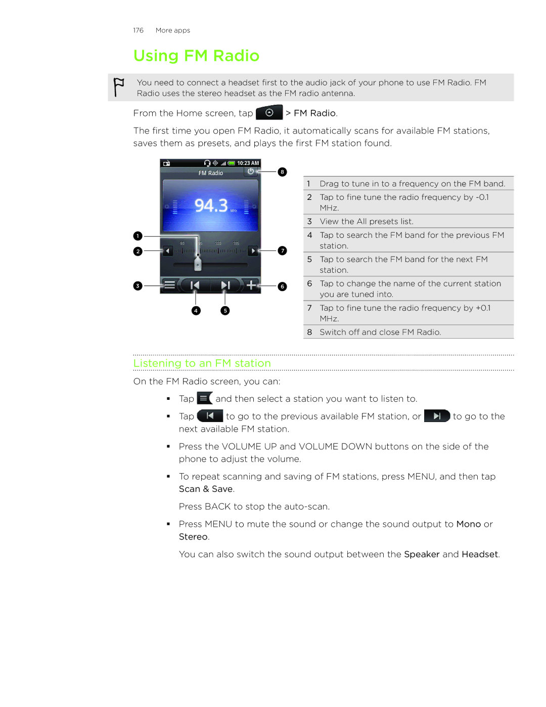 HTC Wildfire manual Using FM Radio, Listening to an FM station 