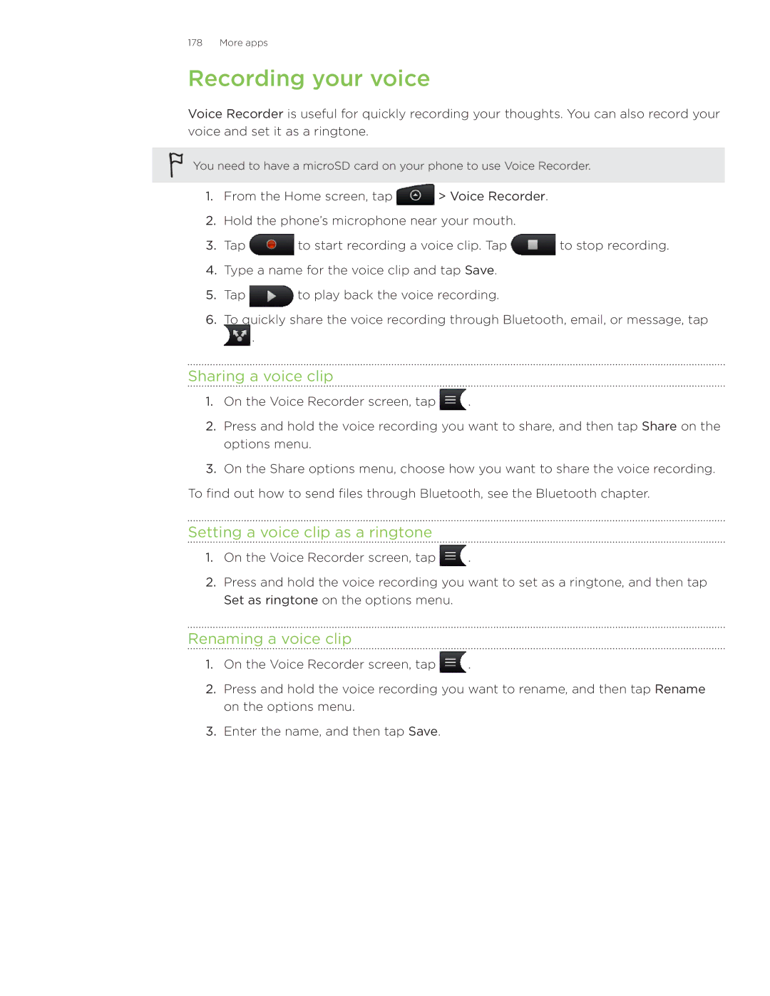 HTC Wildfire manual Recording your voice, Sharing a voice clip, Setting a voice clip as a ringtone, Renaming a voice clip 