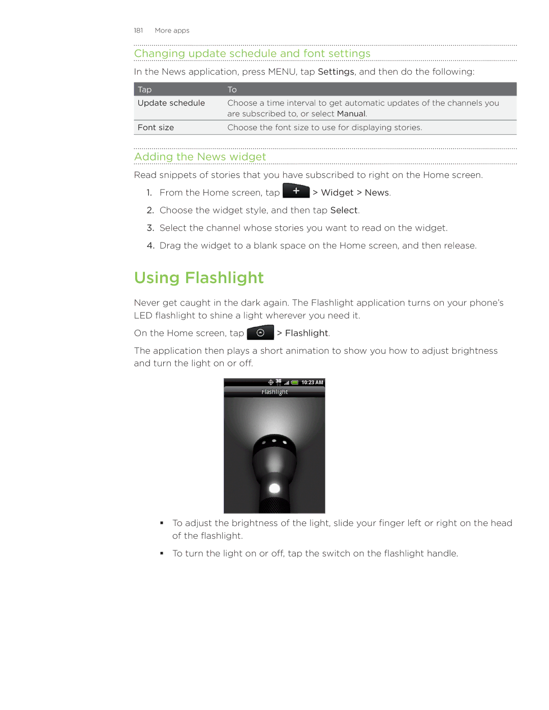 HTC Wildfire manual Using Flashlight, Changing update schedule and font settings, Adding the News widget 