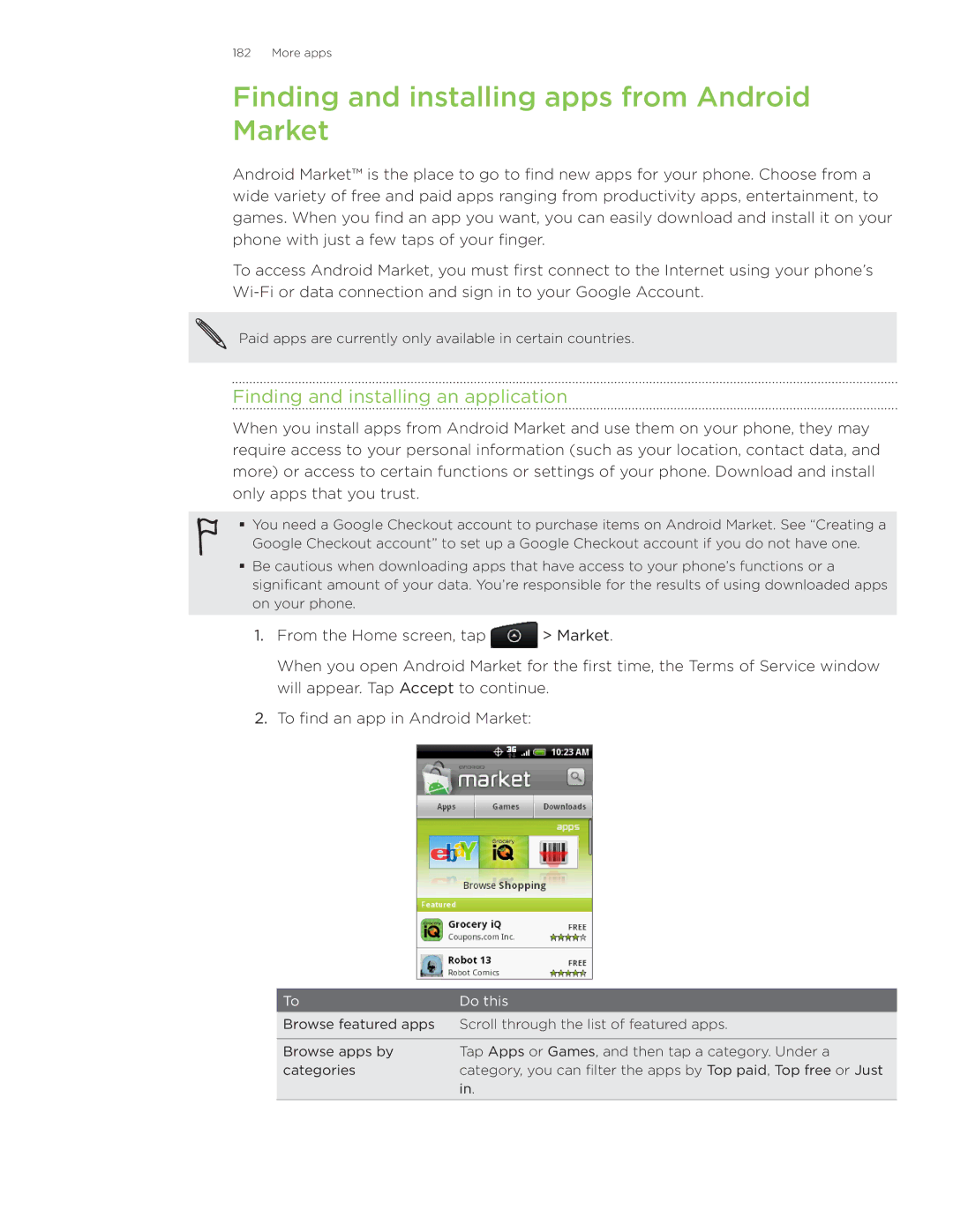 HTC Wildfire manual Finding and installing apps from Android Market, Finding and installing an application 