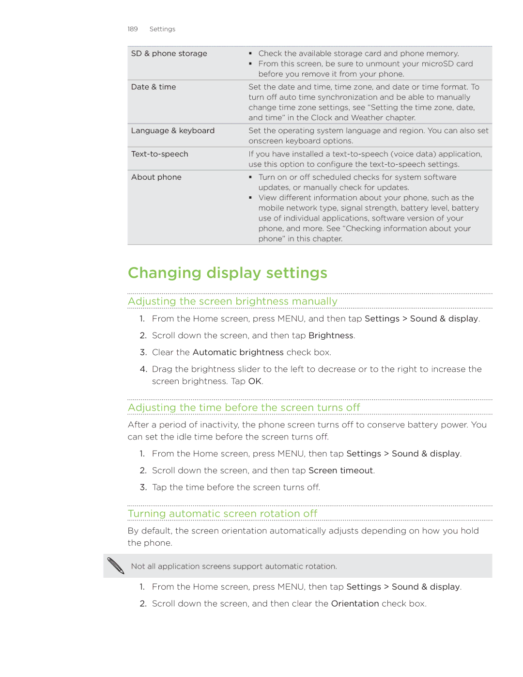 HTC Wildfire Changing display settings, Adjusting the screen brightness manually, Turning automatic screen rotation off 