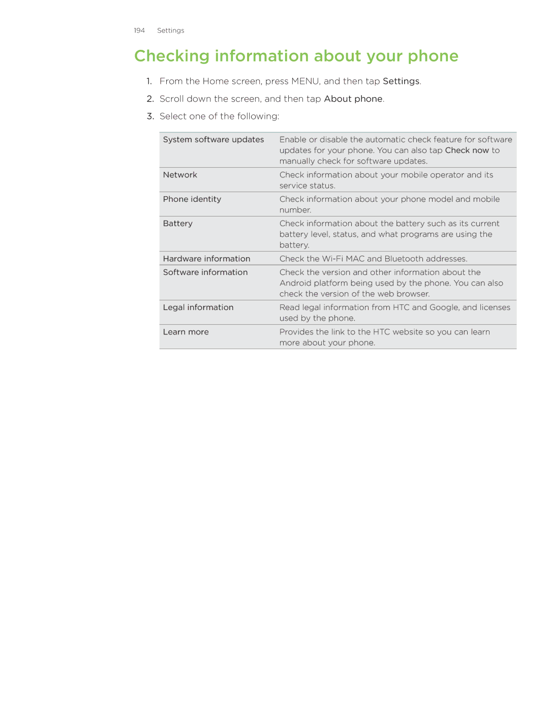 HTC Wildfire manual Checking information about your phone 