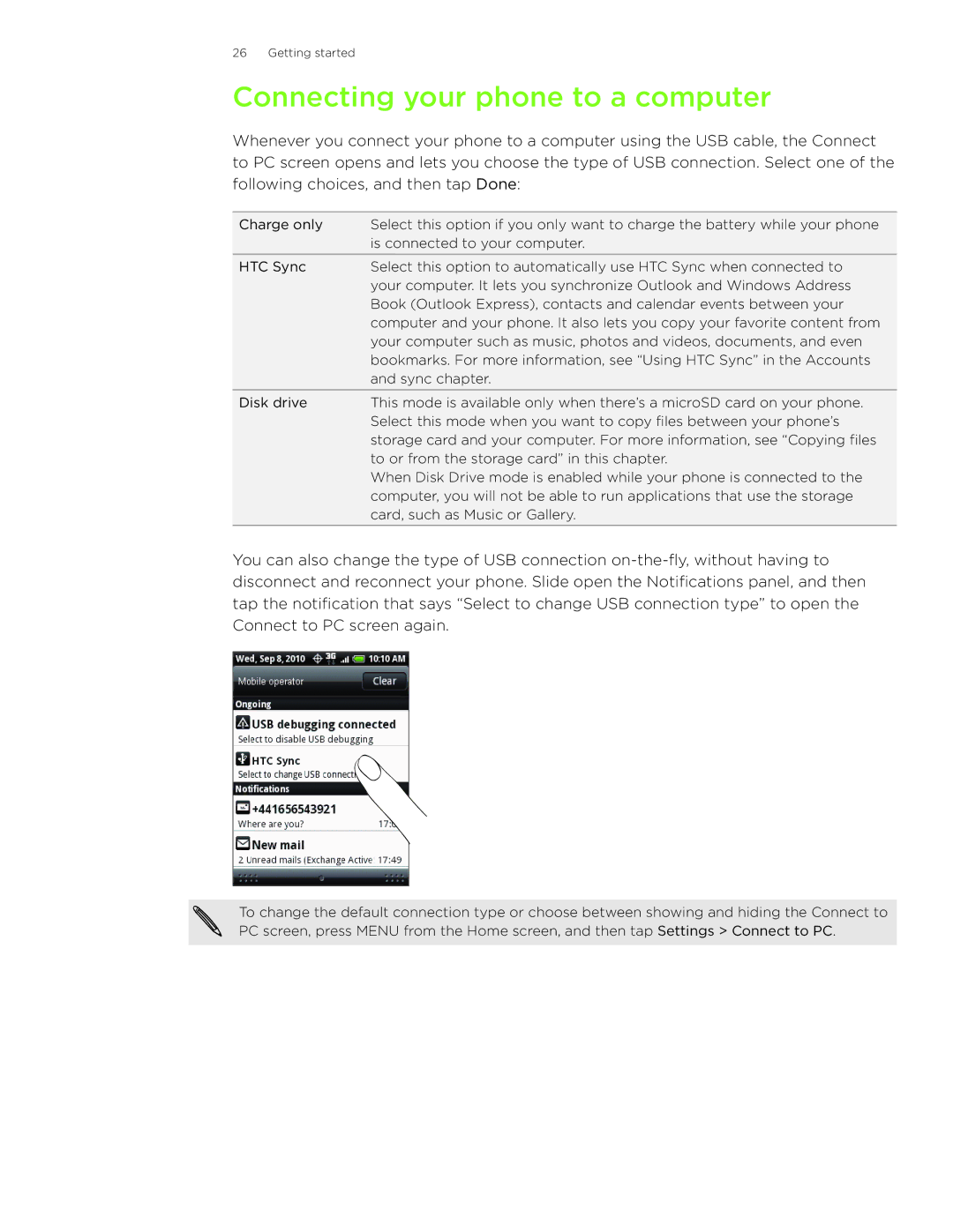 HTC Wildfire manual Connecting your phone to a computer 