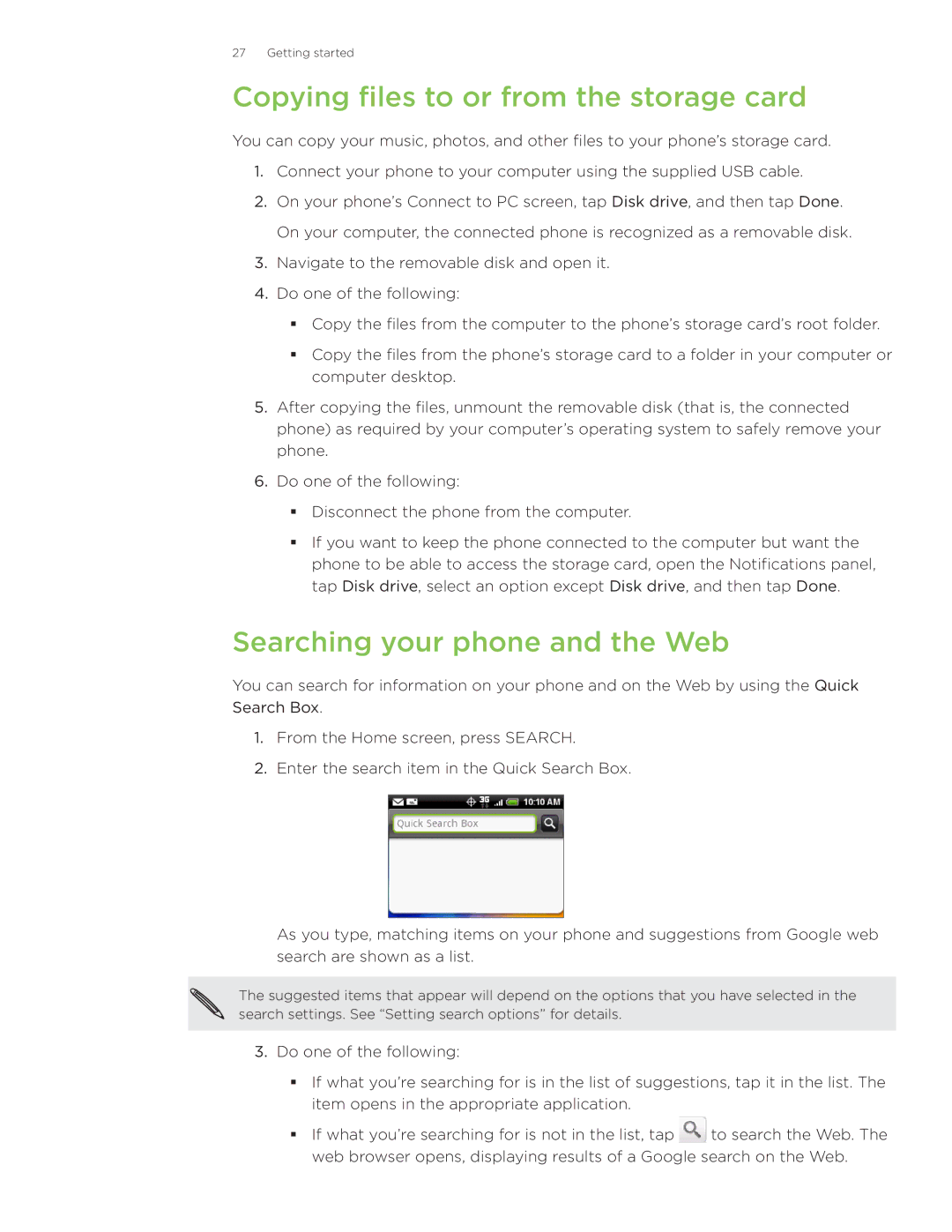 HTC Wildfire manual Copying files to or from the storage card, Searching your phone and the Web 