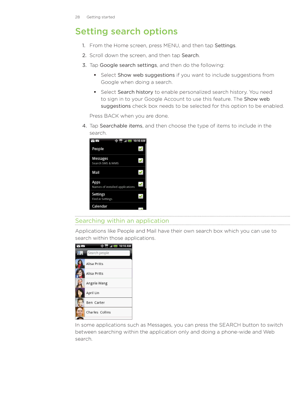 HTC Wildfire manual Setting search options, Searching within an application 