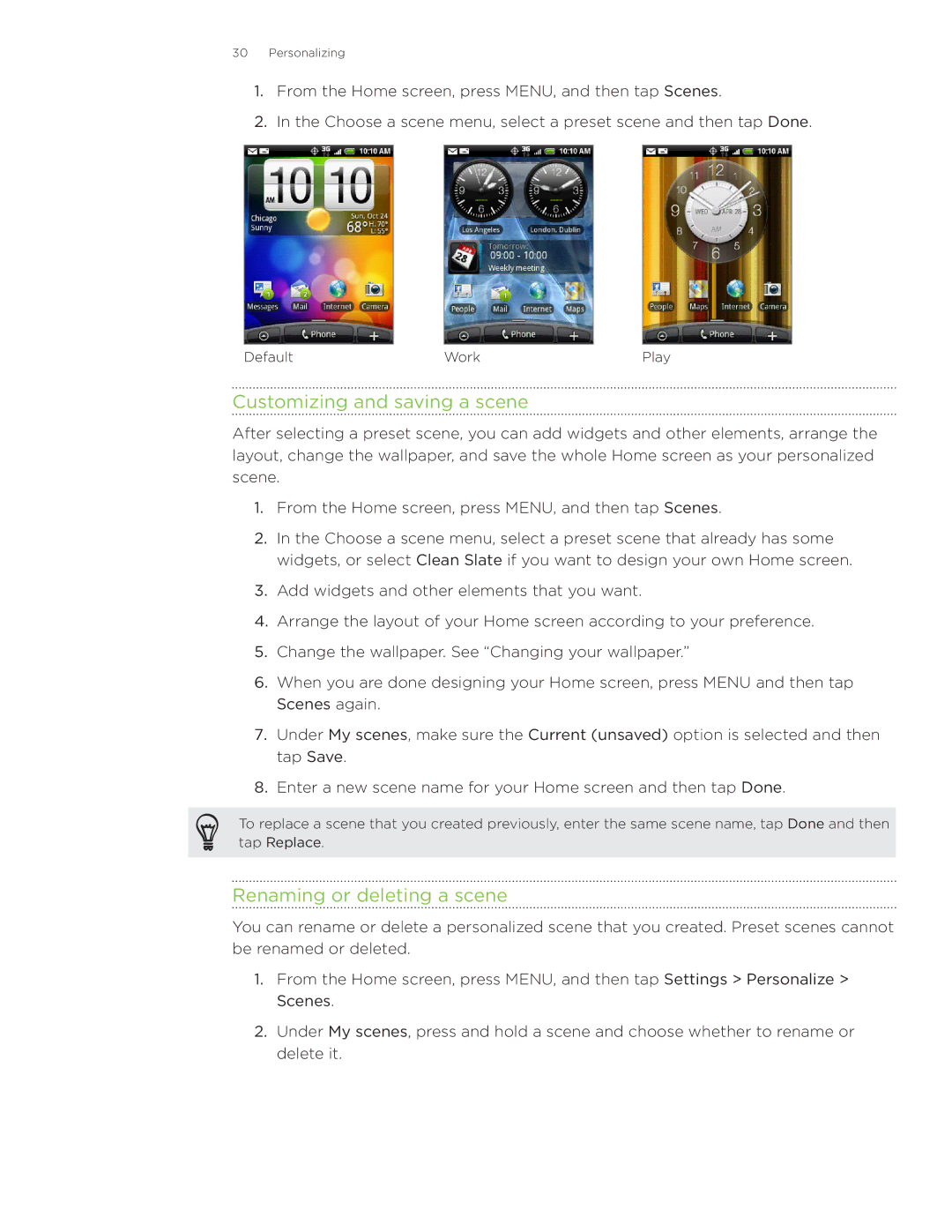HTC Wildfire manual Customizing and saving a scene, Renaming or deleting a scene 