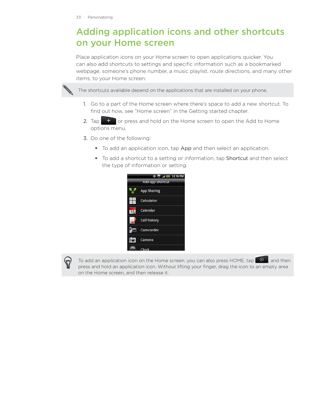 HTC Wildfire manual Personalizing 