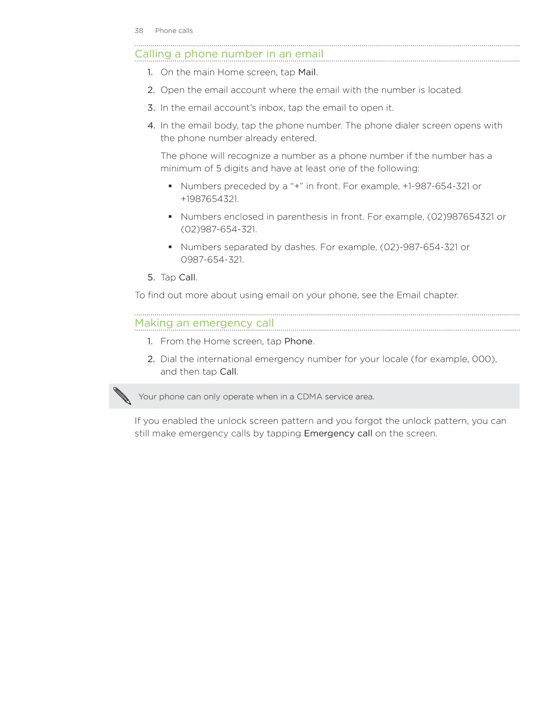 HTC Wildfire manual Calling a phone number in an email, Making an emergency call 