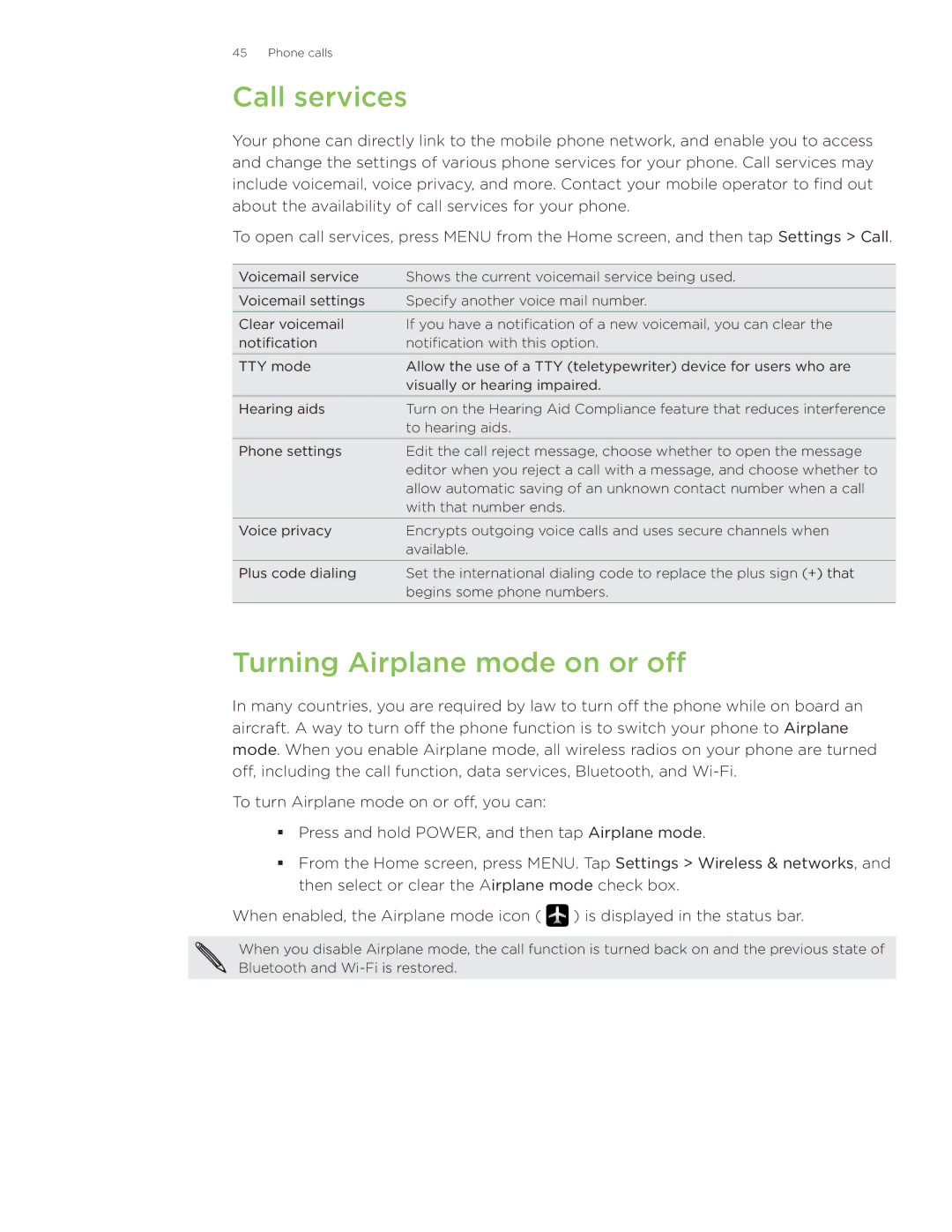 HTC Wildfire manual Call services, Turning Airplane mode on or off 