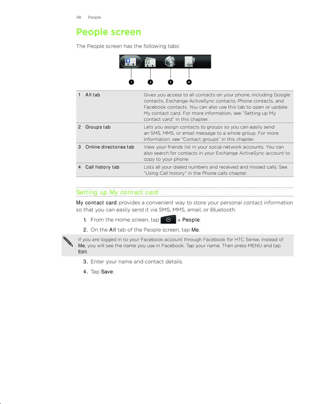 HTC Wildfire manual People screen, Setting up My contact card 