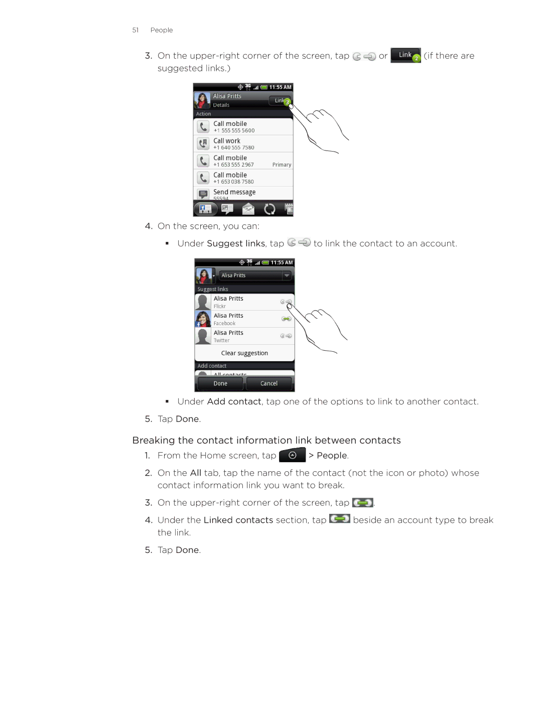 HTC Wildfire manual Breaking the contact information link between contacts 