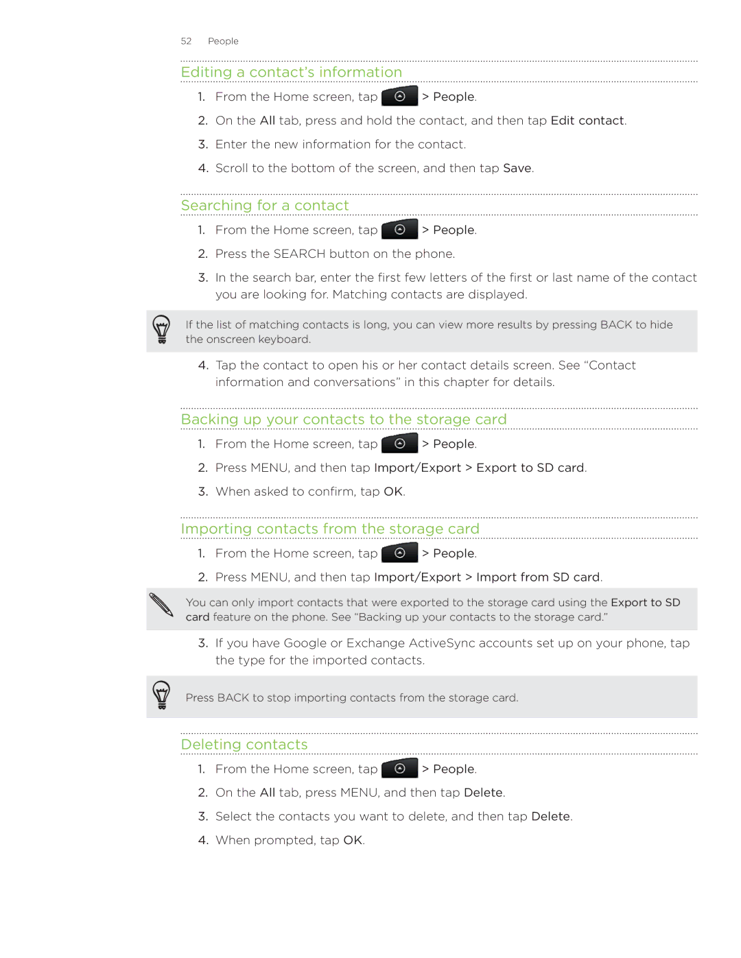 HTC Wildfire manual Editing a contact’s information, Searching for a contact, Backing up your contacts to the storage card 