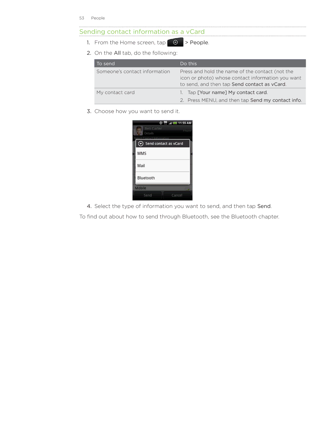 HTC Wildfire manual Sending contact information as a vCard, To send Do this 