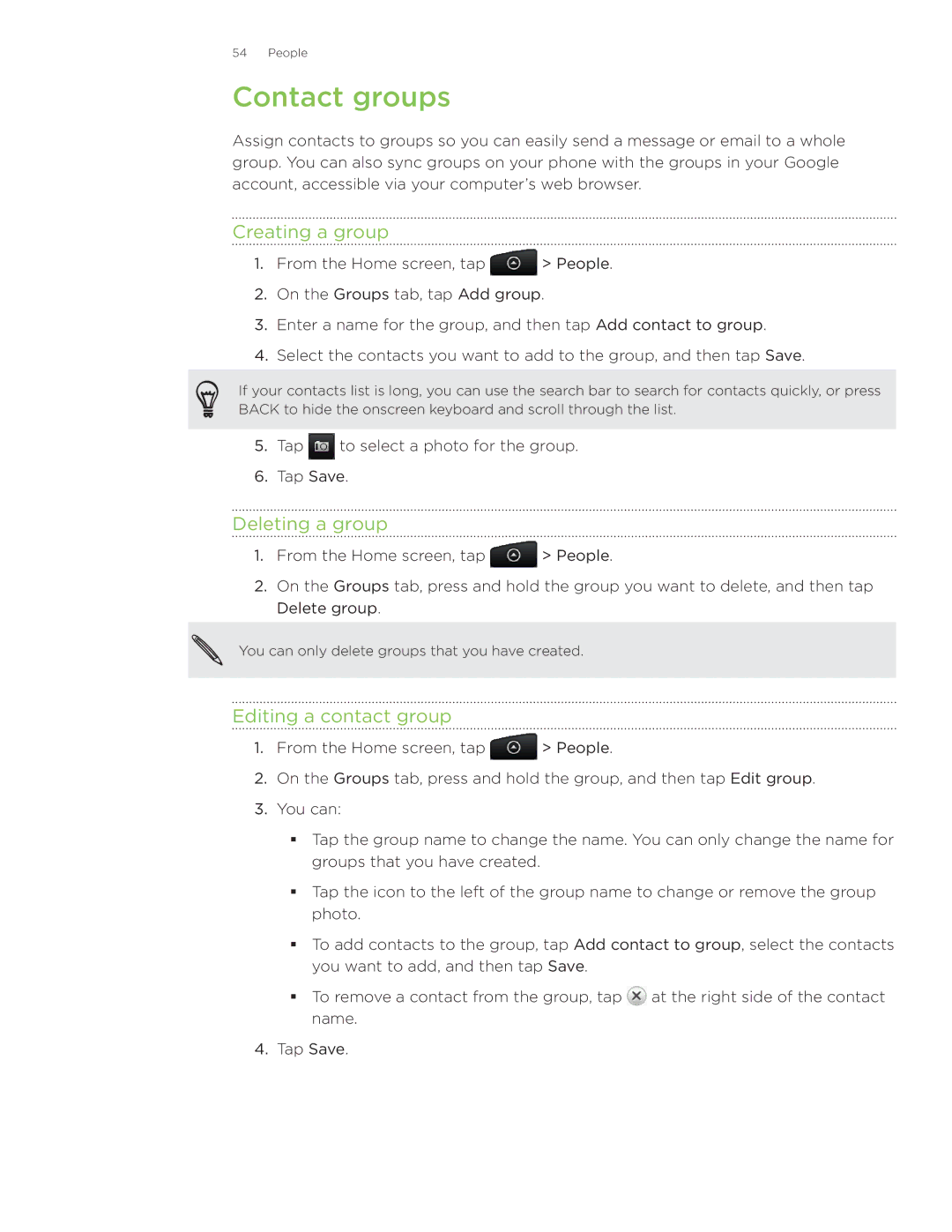 HTC Wildfire manual Contact groups, Creating a group, Deleting a group, Editing a contact group 