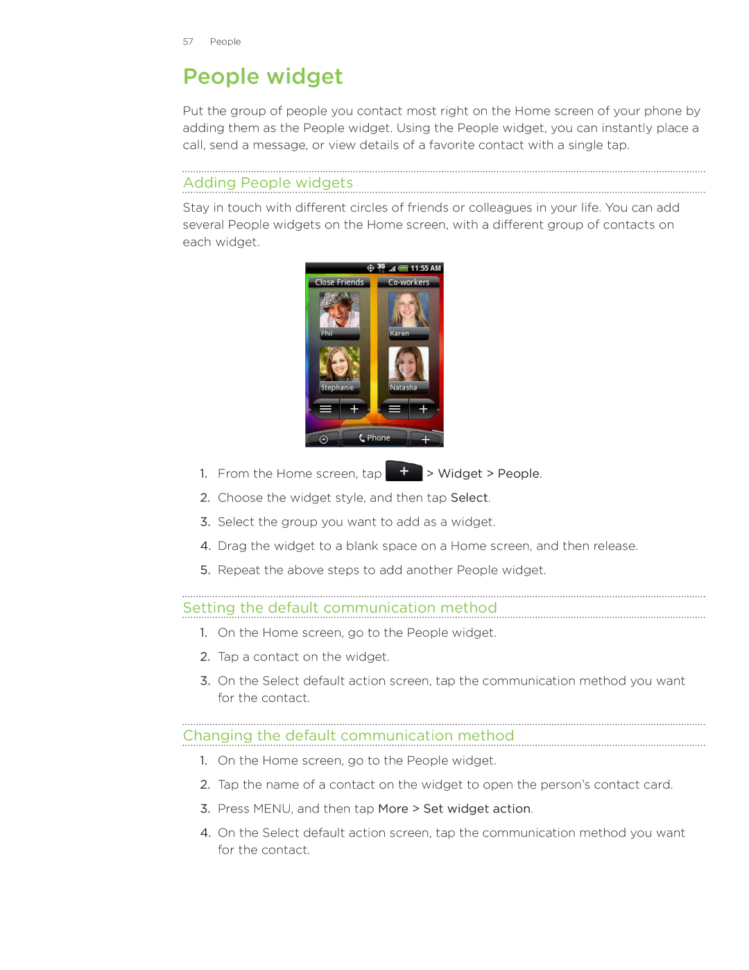 HTC Wildfire manual Adding People widgets, Setting the default communication method 