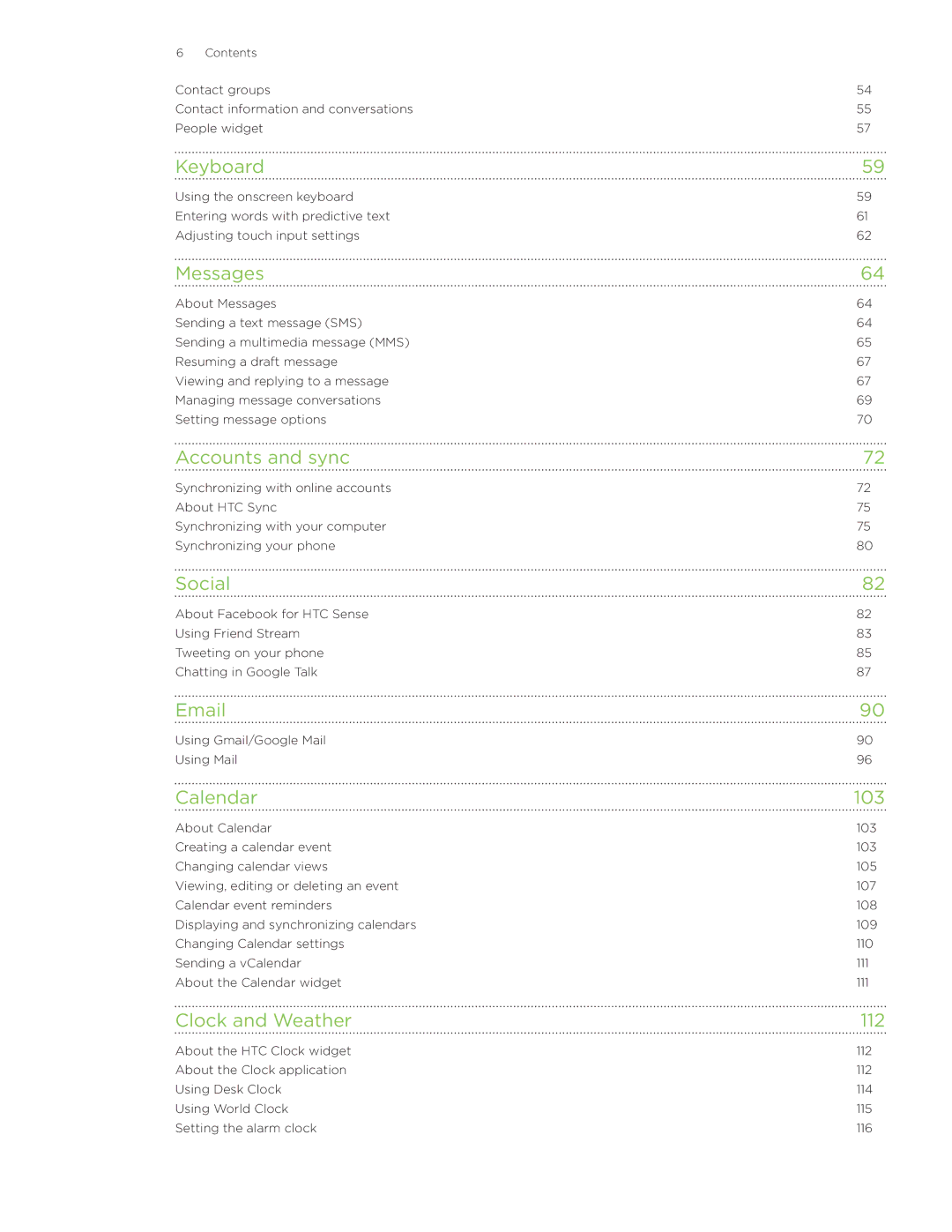 HTC Wildfire manual Keyboard, Messages, Accounts and sync, Social, Calendar 103, Clock and Weather 112 