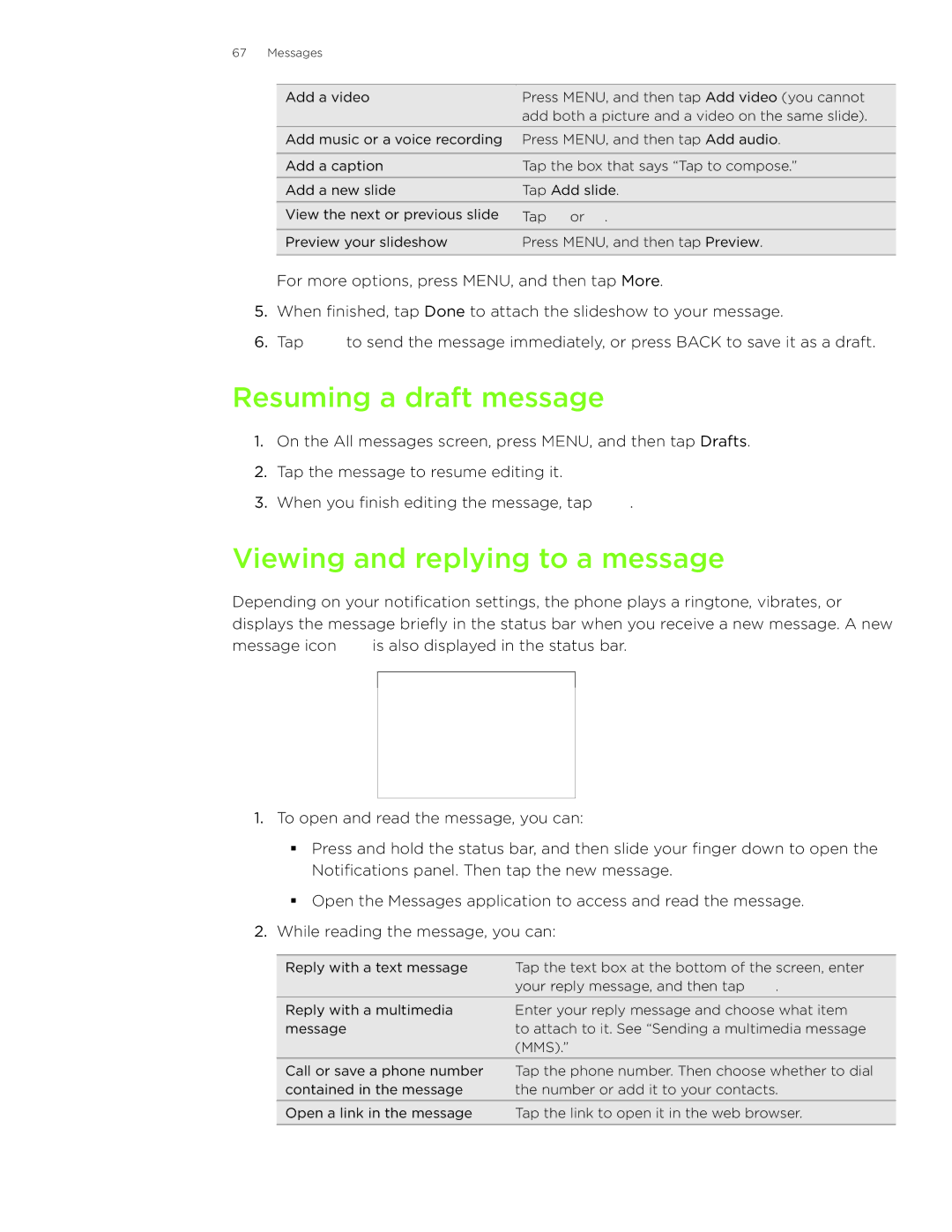 HTC Wildfire manual Resuming a draft message, Viewing and replying to a message 