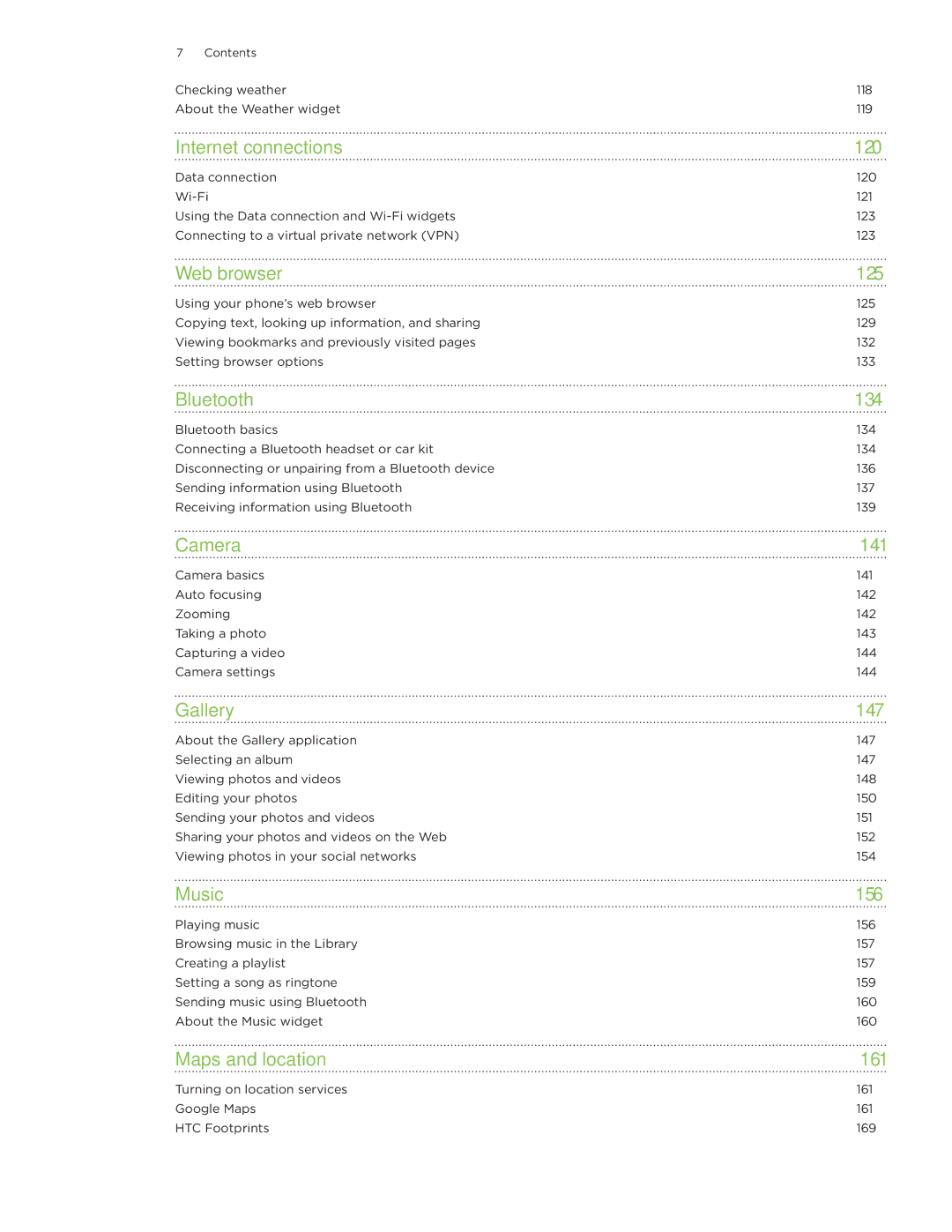 HTC Wildfire manual Internet connections 120, Web browser 125, Bluetooth 134, Camera 141, Gallery 147, Music 156 