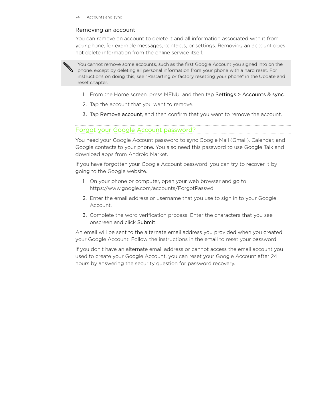 HTC Wildfire manual Forgot your Google Account password?, Removing an account 