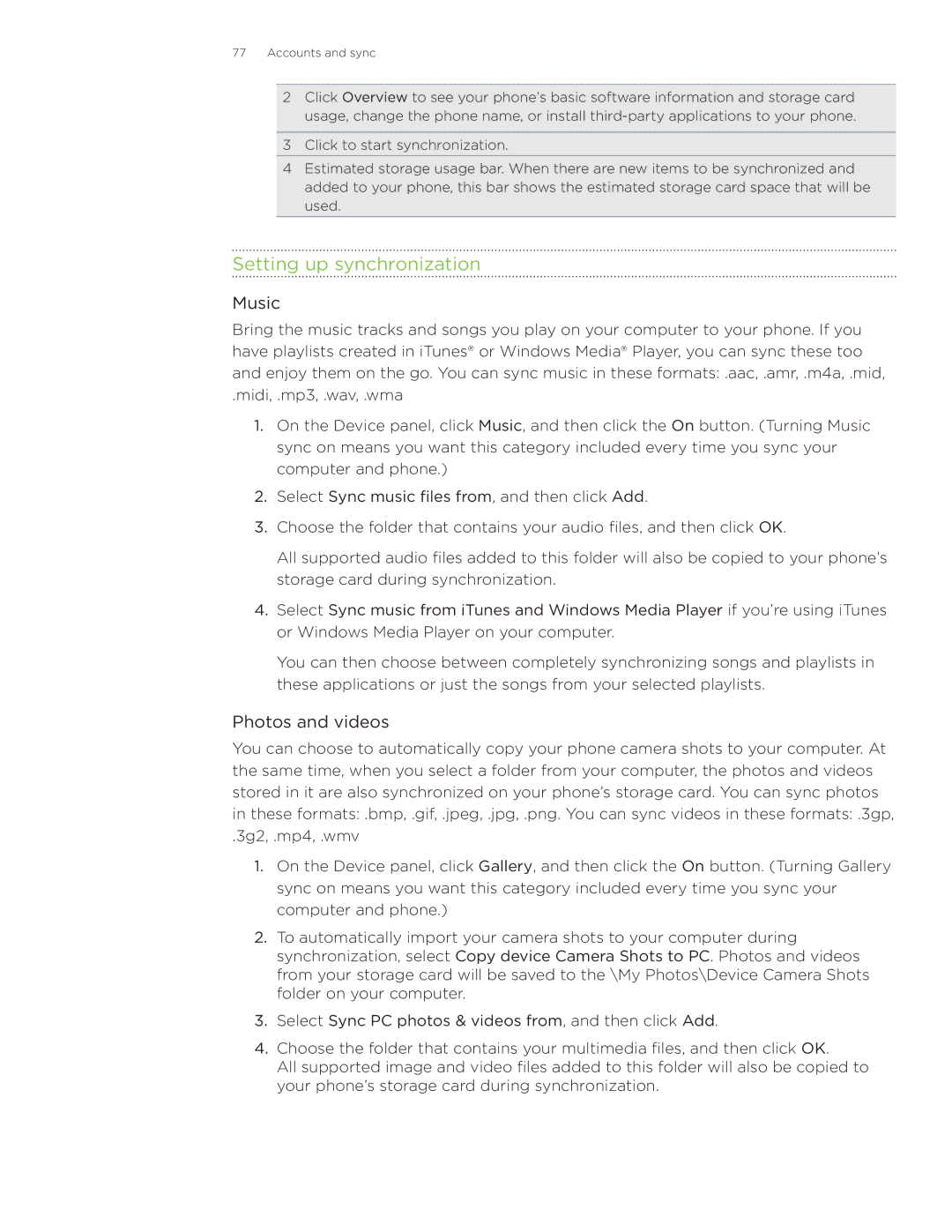 HTC Wildfire manual Setting up synchronization, Music, Photos and videos 