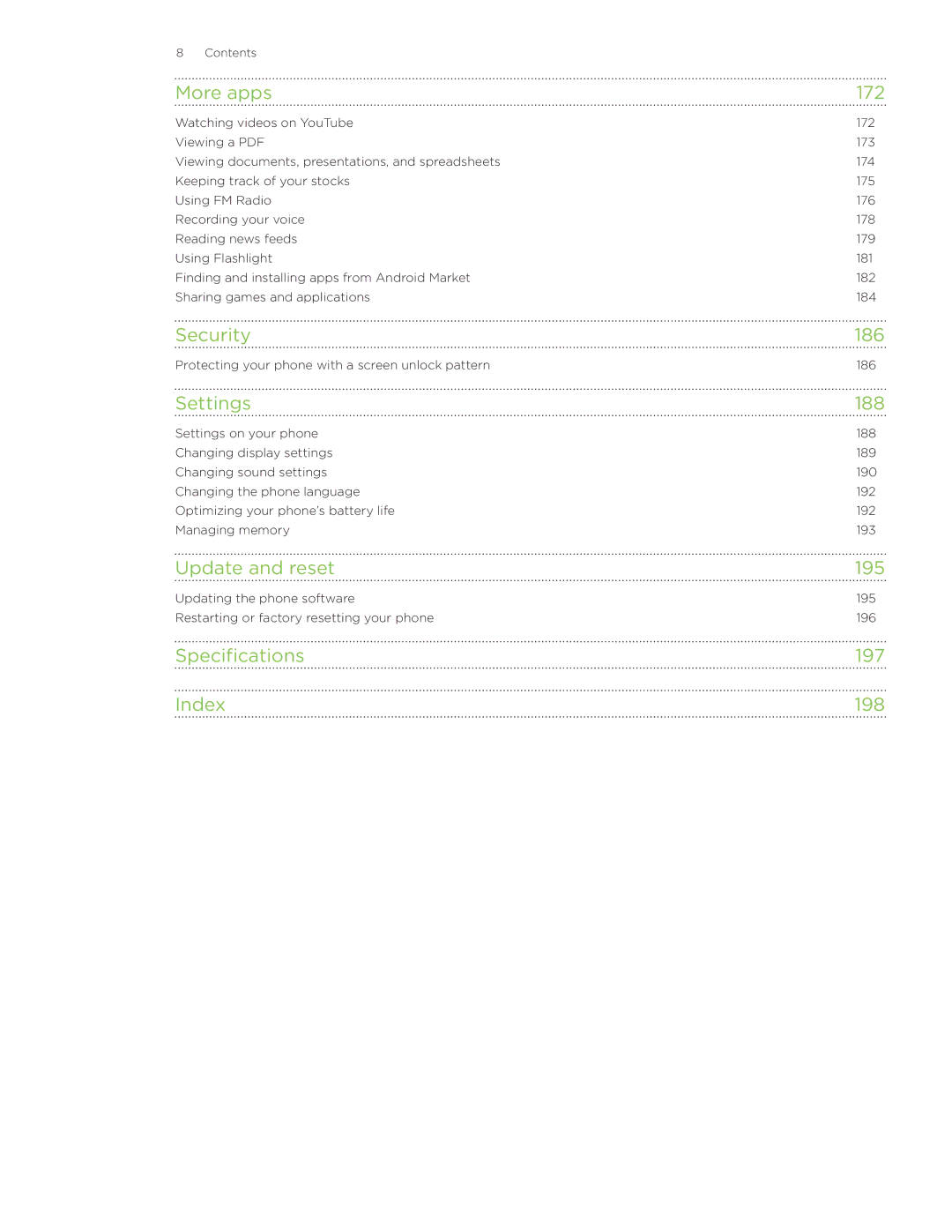 HTC Wildfire manual More apps, Security 186, Settings 188, Update and reset 195, Specifications 197 Index 198 