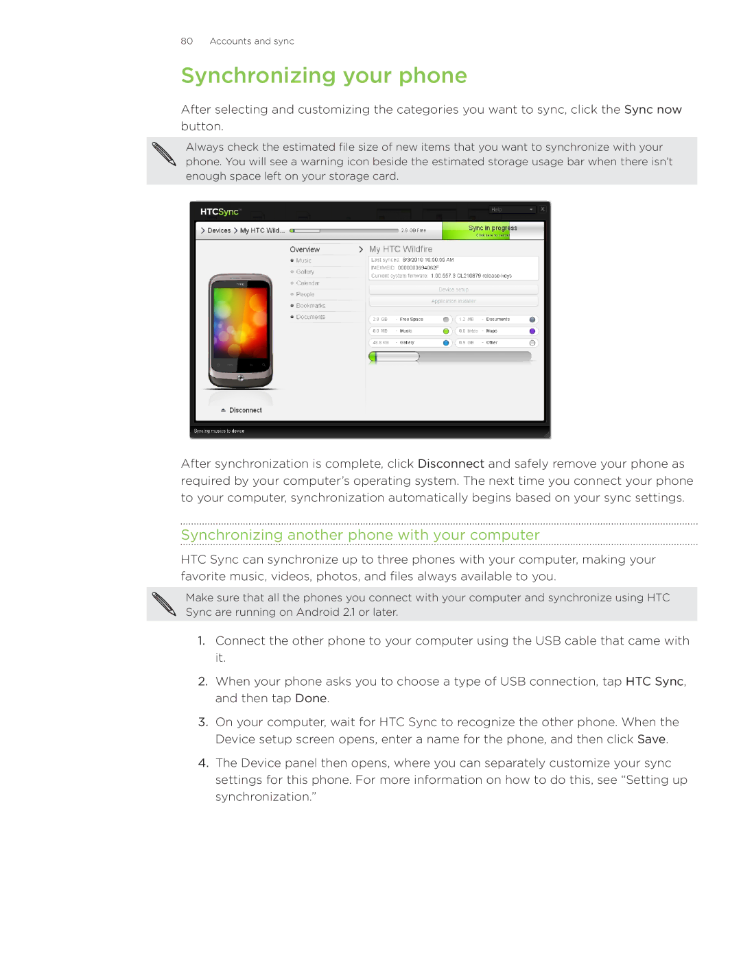 HTC Wildfire manual Synchronizing your phone, Synchronizing another phone with your computer 