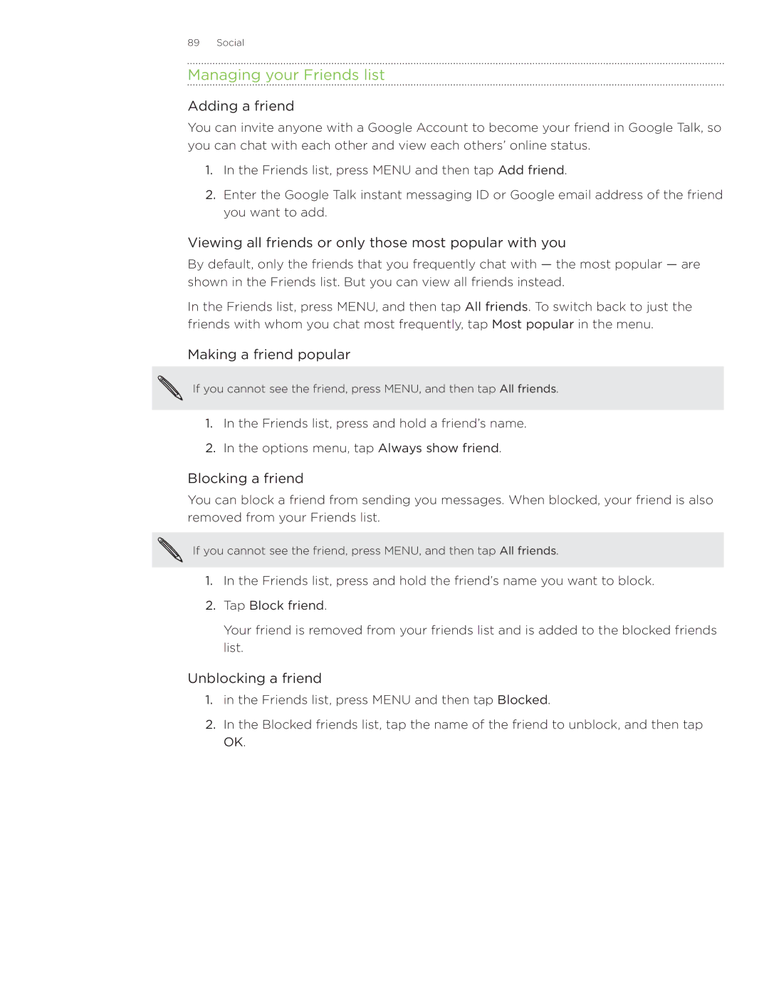 HTC Wildfire manual Managing your Friends list 