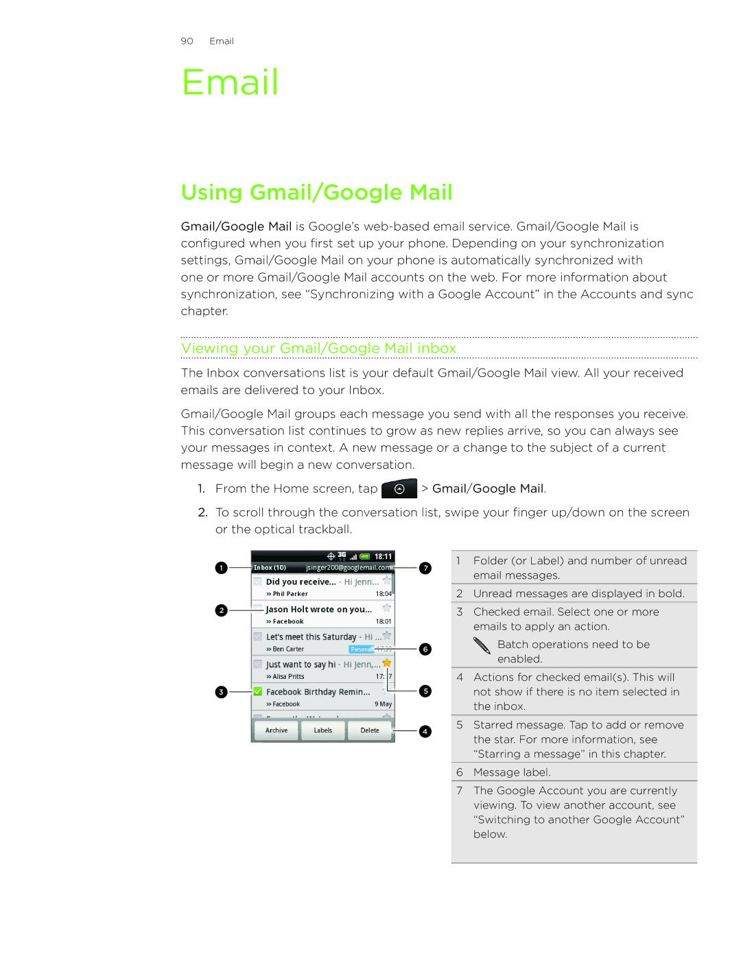 HTC Wildfire manual Using Gmail/Google Mail, Viewing your Gmail/Google Mail inbox 