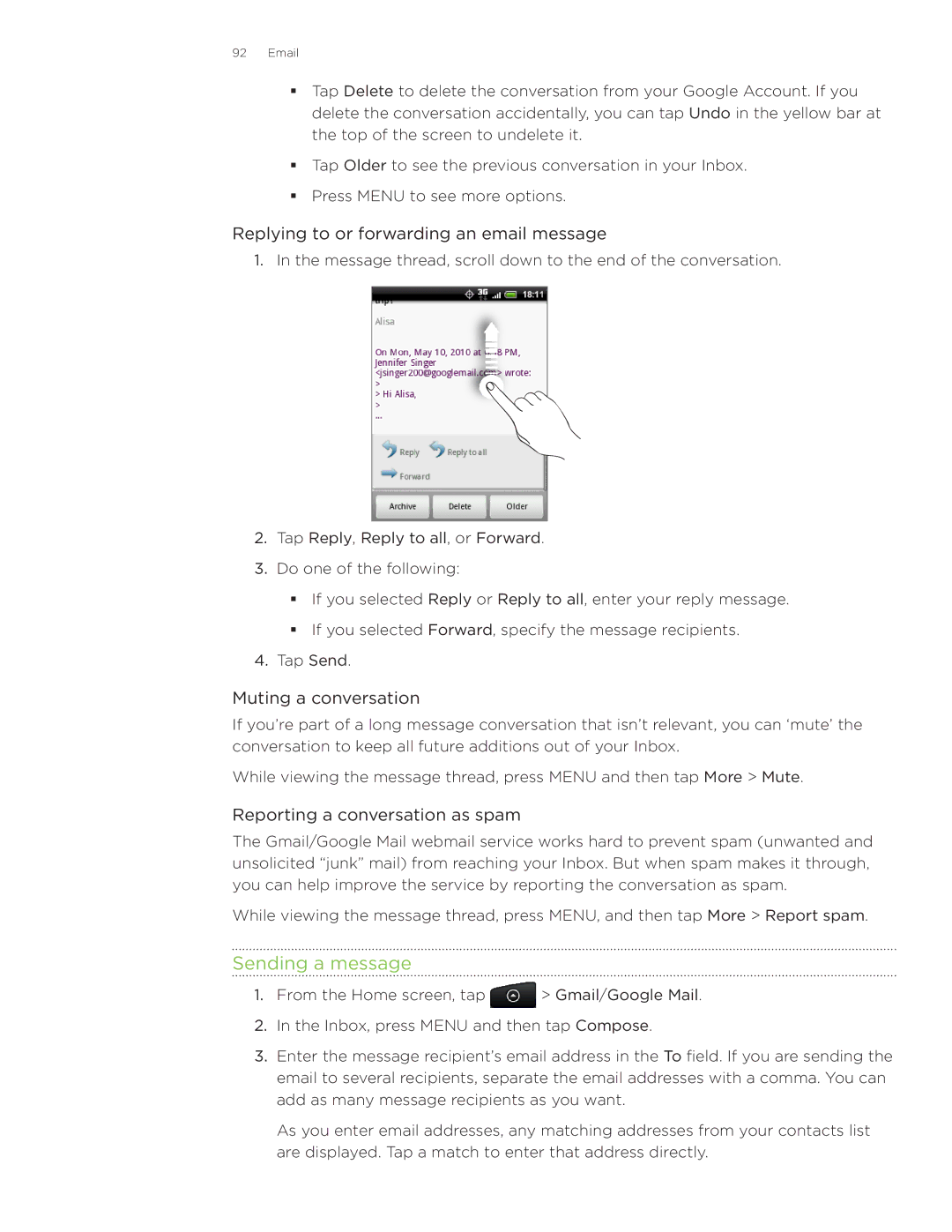 HTC Wildfire manual Sending a message, Replying to or forwarding an email message, Muting a conversation 