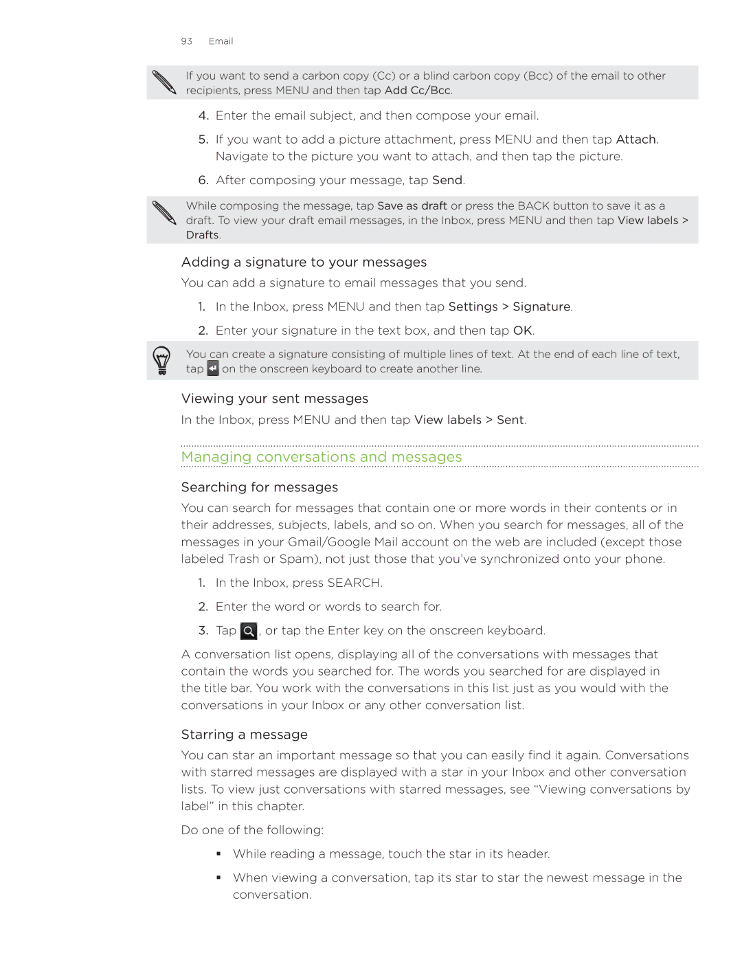 HTC Wildfire manual Managing conversations and messages, Adding a signature to your messages, Viewing your sent messages 