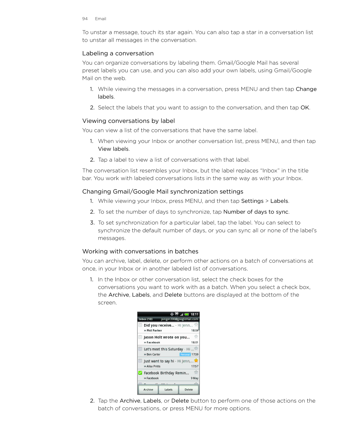 HTC Wildfire Labeling a conversation, Viewing conversations by label, Changing Gmail/Google Mail synchronization settings 