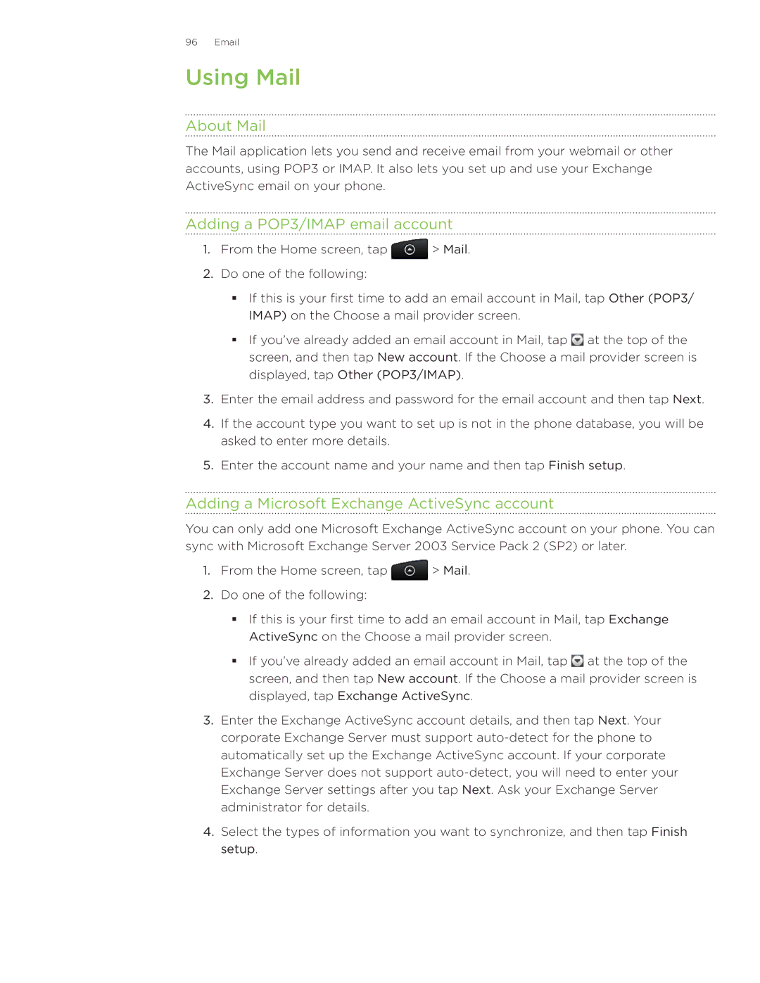 HTC Wildfire Using Mail, About Mail, Adding a POP3/IMAP email account, Adding a Microsoft Exchange ActiveSync account 