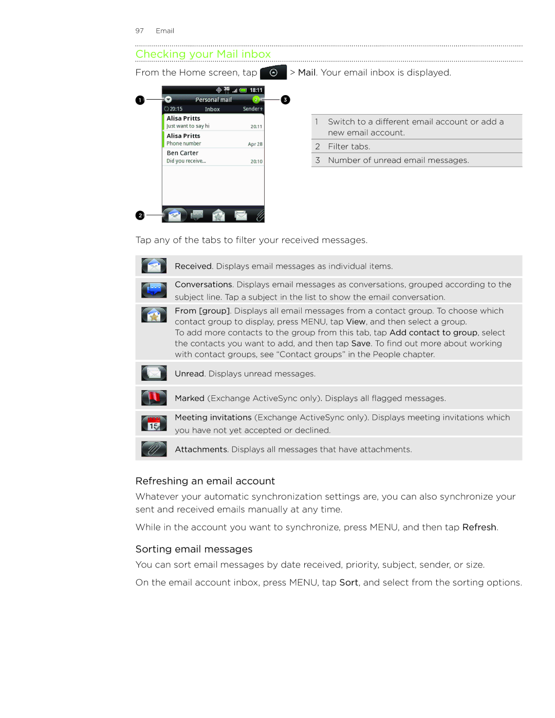 HTC Wildfire manual Checking your Mail inbox, Refreshing an email account, Sorting email messages 
