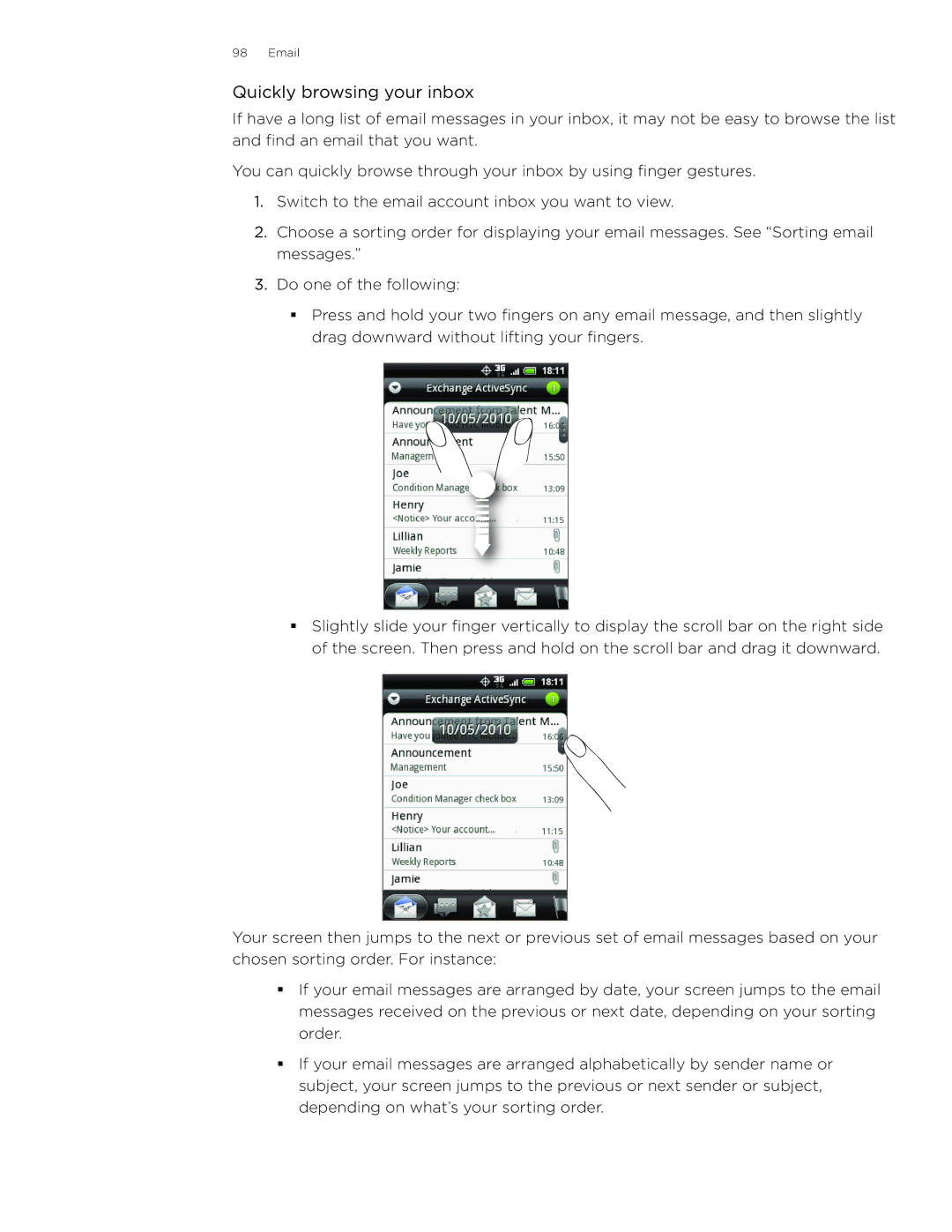 HTC Wildfire manual Quickly browsing your inbox 