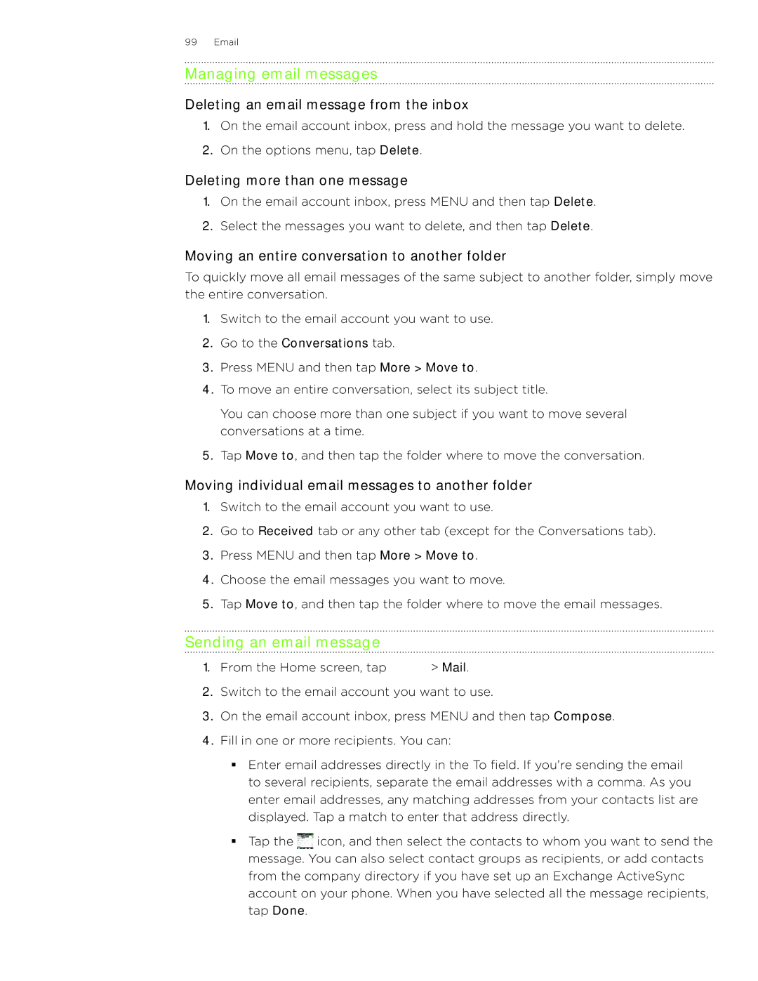 HTC Wildfire manual Managing email messages, Sending an email message 