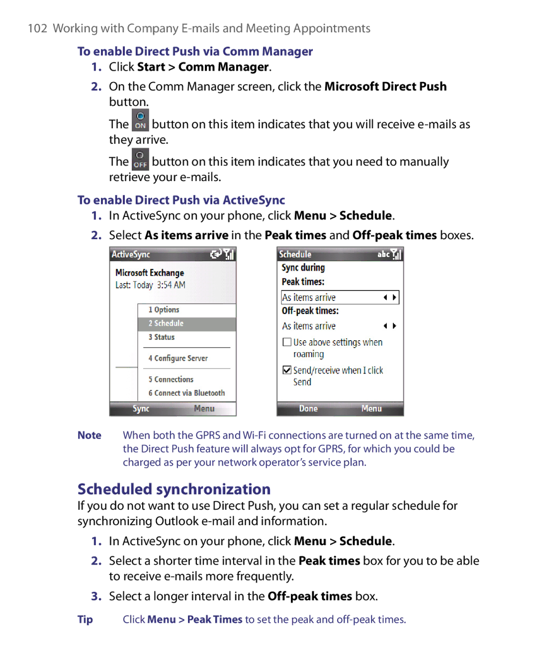 HTC WING160, LIBR160 user manual Scheduled synchronization, To enable Direct Push via Comm Manager, Click Start Comm Manager 