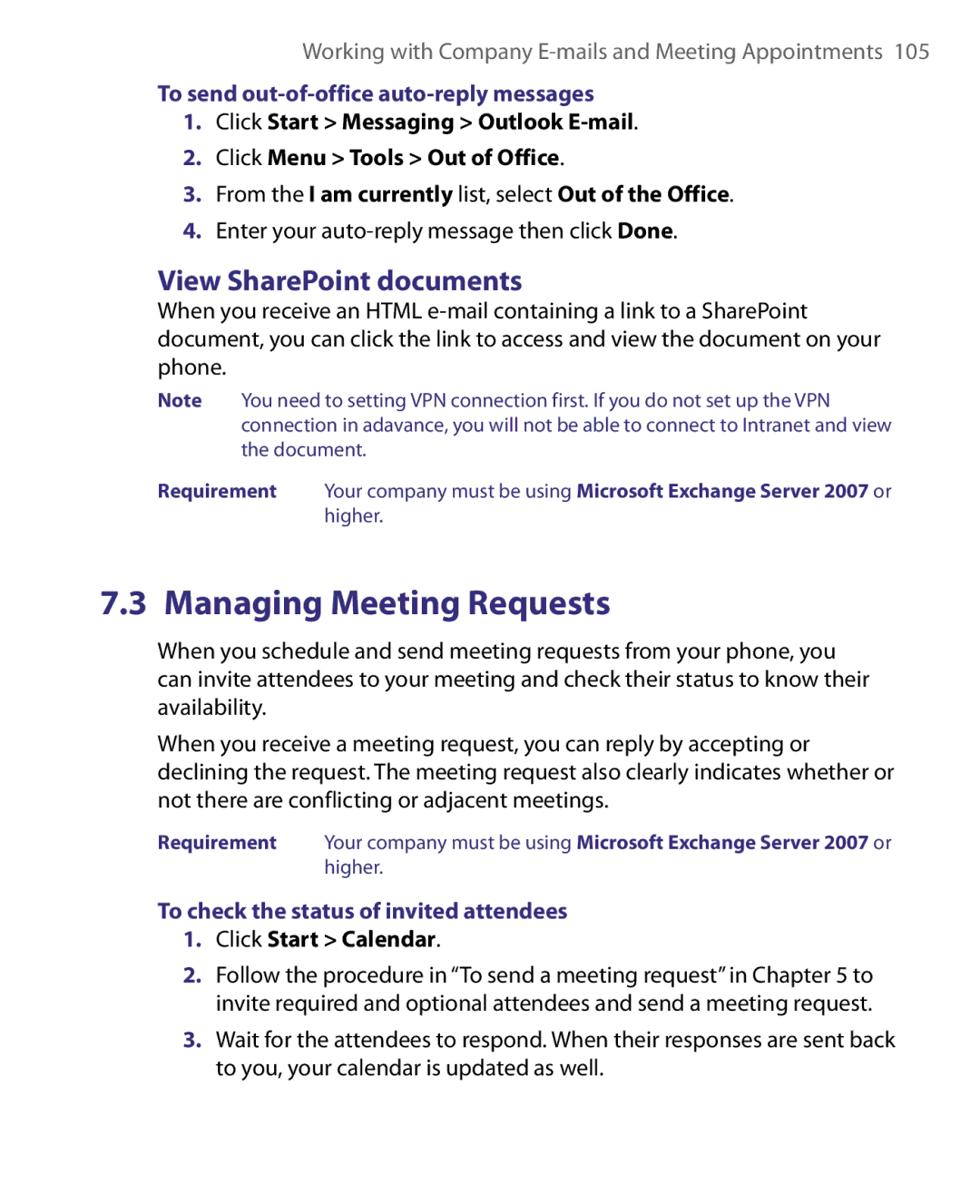 HTC LIBR160 View SharePoint documents, To send out-of-office auto-reply messages, To check the status of invited attendees 